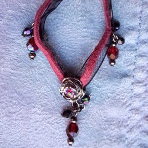 Wine Silk Necklace with Red and Shiny Black Beads